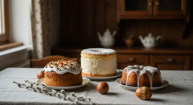 Wielkanocne ciasta na stole - mazurek, sernik i baba drożdżowa udekorowane na świąteczny stół