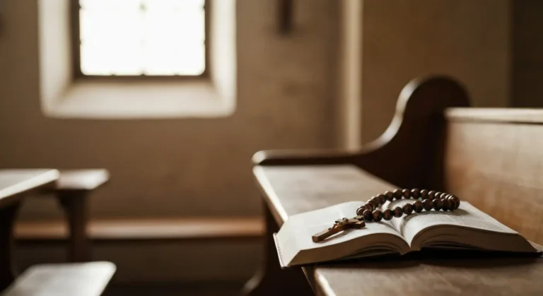 Drewniany różaniec i otwarta książeczka do modlitwy na ławce w kościele parafialnym