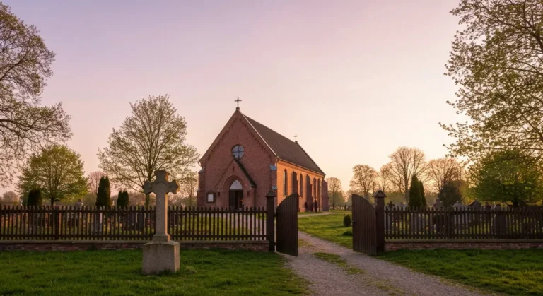 Wiejski kościół parafialny wiosną w złotym świetle, symbolizujący zbliżającą się Wielkanoc