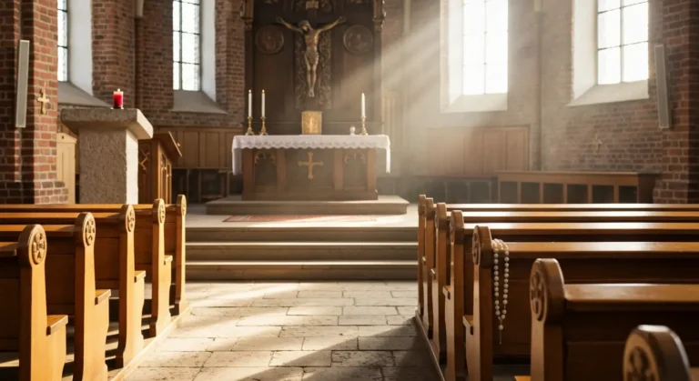 Wnętrze wiejskiego kościoła z krzyżem na ołtarzu, płonącą świecą i różańcem na ławce w porannym świetle