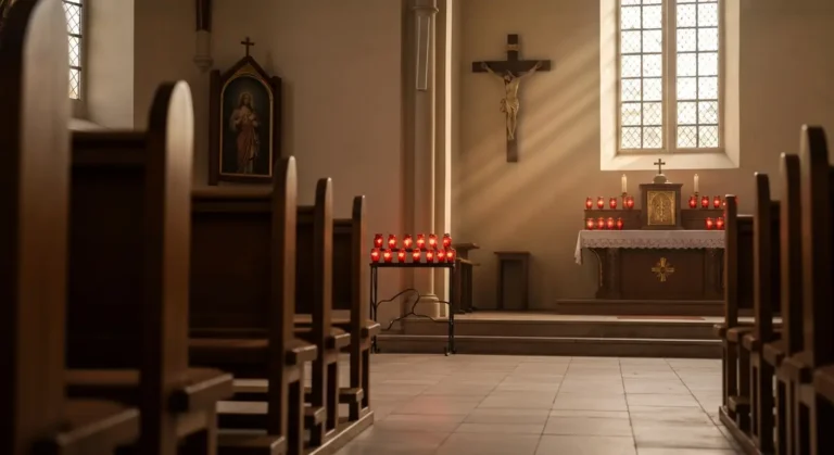 Wnętrze wiejskiego kościoła z bocznym ołtarzem, drewnianym krzyżem i płonącymi świecami w czerwonych osłonach