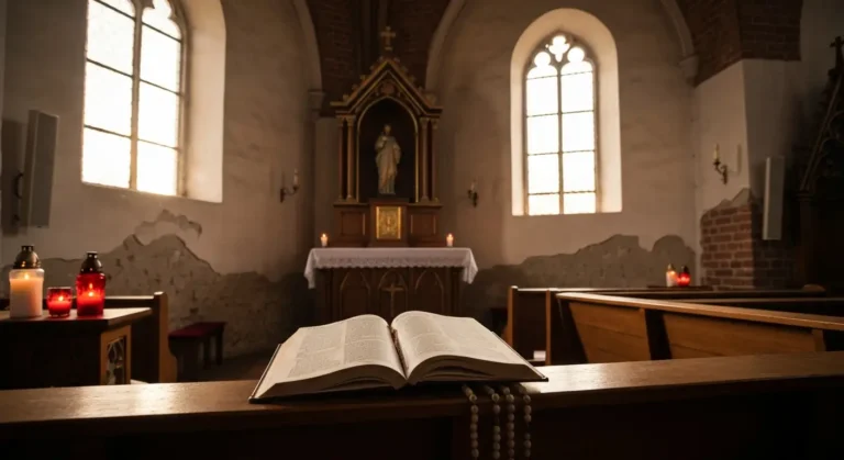 Wnętrze wiejskiego kościoła z otwartą książką do modlitwy i różańcem na ławce w świetle okna