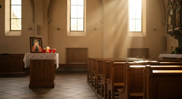 Wnętrze wiejskiego kościoła z ołtarzem Miłosierdzia Bożego, świecami i otwartą książką do modlitwy w świetle popołudnia