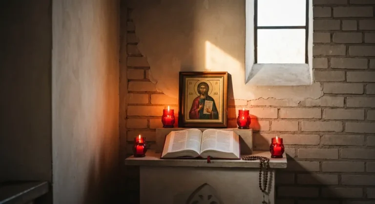 Wnętrze wiejskiego kościoła z bocznym ołtarzem, świecami i różańcem w ciepłym świetle popołudnia