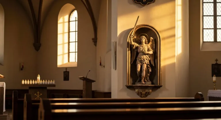 Wnętrze wiejskiego kościoła z figurą archanioła i płonącymi świecami w porannym świetle