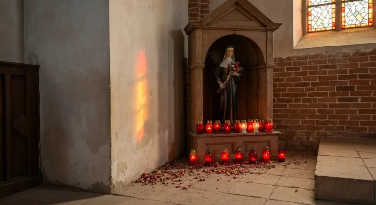 Ołtarzyk z figurą świętej zakonnicy otoczony płonącymi czerwonymi zniczami w wiejskim kościele