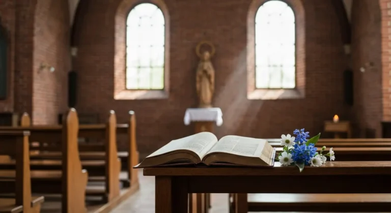 Otwarta modlitewnik na kościelnej ławce w blasku majowego światła, w tle figura Maryi