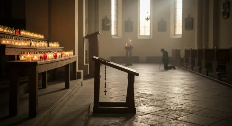 Wnętrze wiejskiego kościoła z płonącymi zniczami i różańcem przy ołtarzu bocznym, symbol modlitwy za zmarłych
