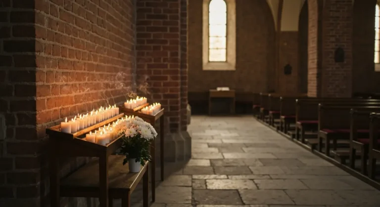 Zapalone znicze i białe kwiaty na stoliku w wiejskim kościele, modlitewny nastrój żałoby
