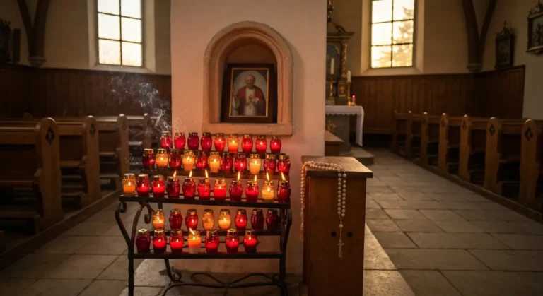 Wnętrze wiejskiego kościoła ze świecami przy ołtarzu bocznym i różańcem, miejsce modlitwy o zdrowie