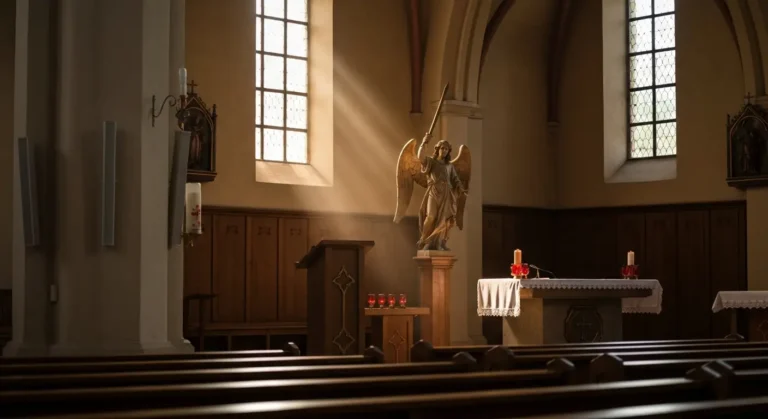 Wnętrze wiejskiego kościoła z figurą archanioła na bocznym ołtarzu, oświetlone naturalnym światłem i świecami