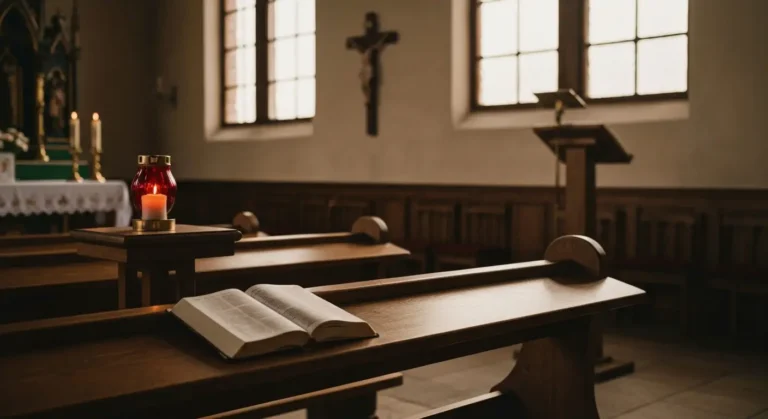 Wnętrze wiejskiego kościoła z otwartą książeczką do modlitwy na ławce i zapaloną świecą przy ołtarzu
