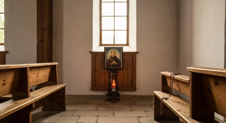 Ołtarzyk w wiejskim kościele z wizerunkiem zakonnika, świecą i różańcem w promieniach światła
