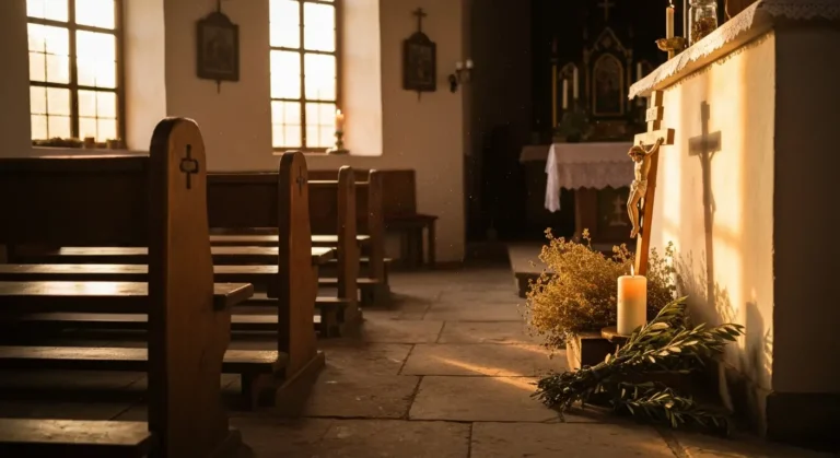 Wnętrze wiejskiego kościoła z zapaloną świecą przy ołtarzu, symbol modlitwy o zdrowie