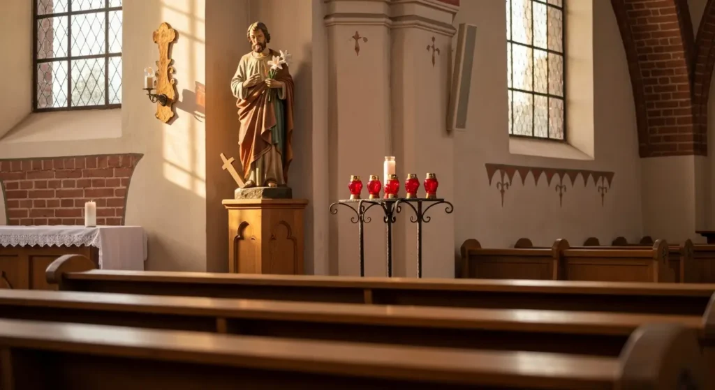 Ołtarz boczny ze świętym Józefem w wiejskim kościele parafialnym, zapalone świece i światło dzienne