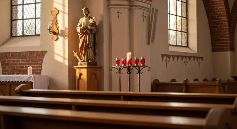 Ołtarz boczny ze świętym Józefem w wiejskim kościele parafialnym, zapalone świece i światło dzienne