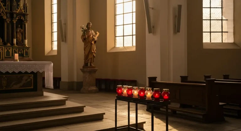 Ołtarz ze świętym Józefem i zapalonymi świecami we wnętrzu wiejskiego kościoła