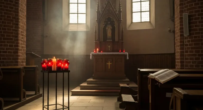 Wnętrze wiejskiego kościoła z płonącymi świecami i ołtarzem bocznym w ciepłym świetle poranka