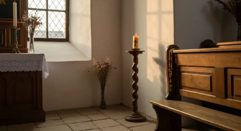 Wnętrze wiejskiego kościoła z różańcem i świecą przy bocznym ołtarzu w ciepłym świetle