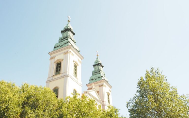 Charming view of historic church towers surrounded by lush greenery under a bright blue sky.