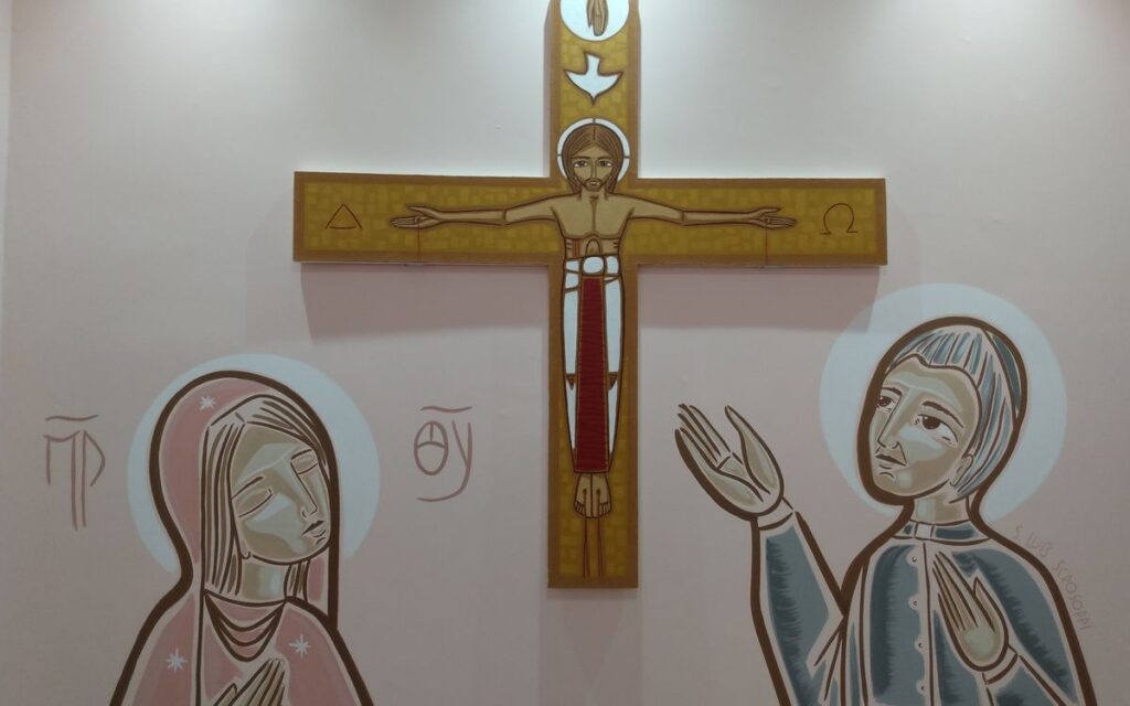 Artistic depiction of Jesus and saints on a church wall in São Caetano do Sul, Brazil.