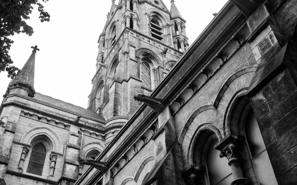 Grayscale view of St. Fin Barre's Cathedral, Cork, showcasing Gothic architecture.