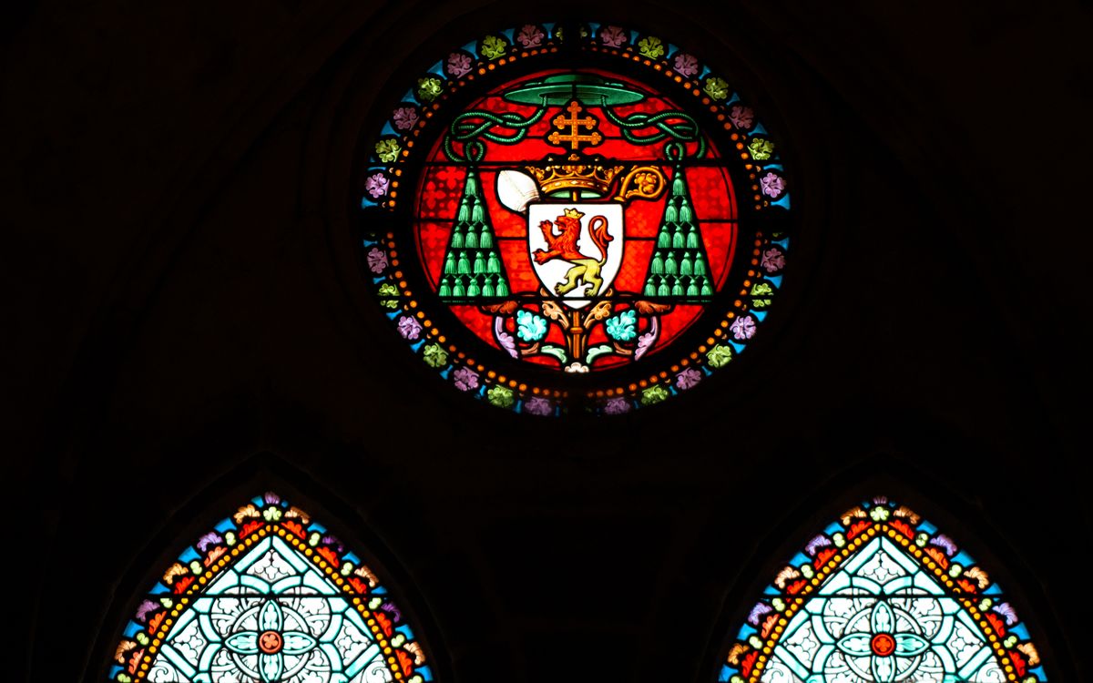 Beautiful stained glass window inside Dol Cathedral, Brittany, France.